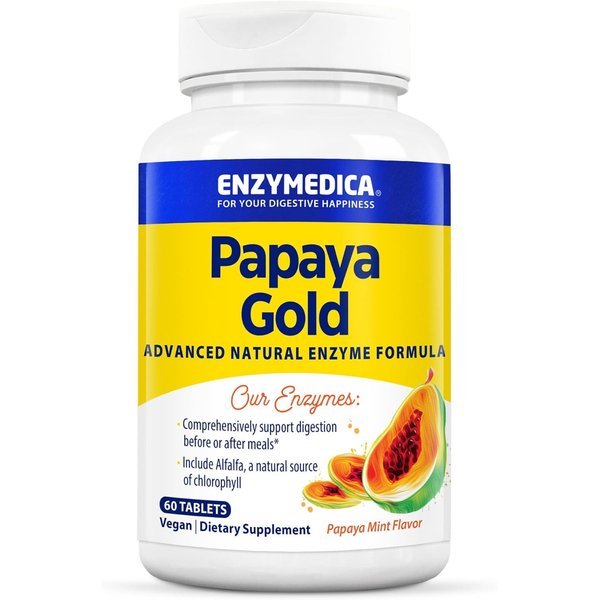 Enzymedica Papaya Gold, Advanced Digestive Enzymes with Natural Organic Papaya & Chlorophyll for Comprehensive Digestion Support, High Potency Bromelain & Papain, Vegan, Mint, 60 Chewable Tablets