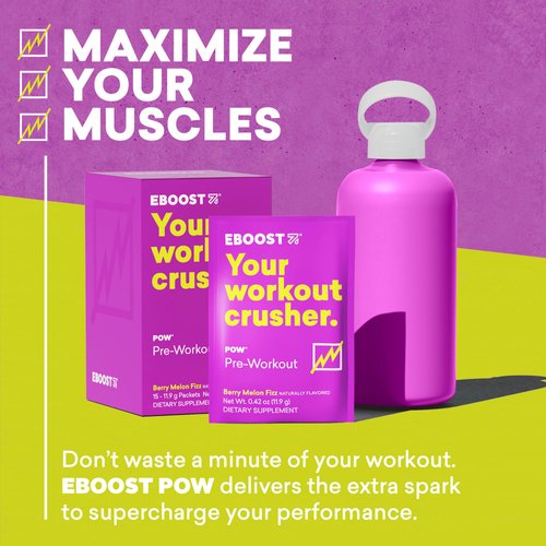 EBOOST POW Natural Pre Workout Powder –15 Packets - Berry Melon Fizz - A Pre Workout Supplement for Performance, Joint Mobility Support, Energy, Focus - Men & Women - Non-GMO, Gluten-Free, No Creatine
