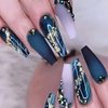 ANDGING Press on Nails Long Coffin Fake Nails for Women with Blue White Rhinestone Glitter Gold Design Glue on Nails Acrylic False Nails Cute Full Cover Stick on Nails for Wedding Birthday 24Pcs