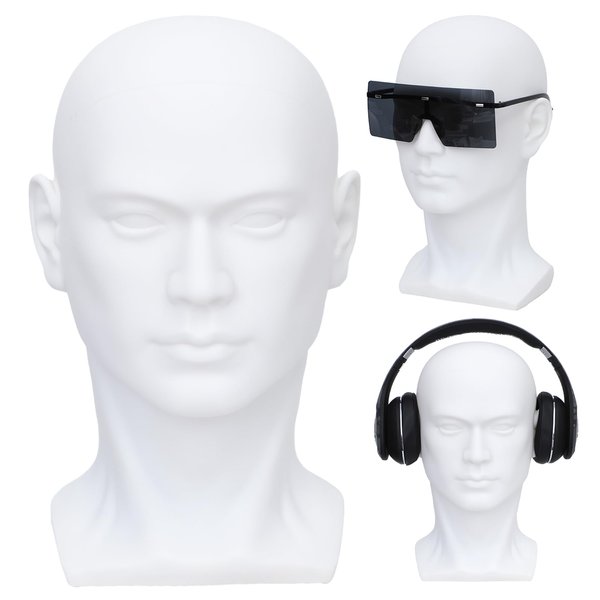 AMLUCKS Male Mannequin Head Professional PVC Manikin Head for Display Wigs Hats Headphone Mask Sunglasses Scarf Jewelry Display Stand (White Matte)