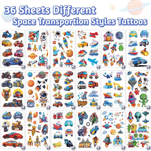 Space Planets Vehicle Temporary Tattoos for Kids, Rocket Astronaut Spaceship Motorcycle Car Plane Ship Transportation Fake Tattoos for Kids Boys Girls Birthday Party Supplies Favors (36 Sheets)