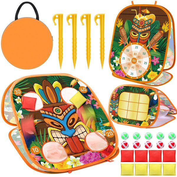ShinyRelief 3 in1 Tiki Bean Bag Toss Game Limbo Game Luau Party Games Hawaiian Game Outside Toys Outdoor Games Kids Gift for Toddlers Boy Girls Summer Tropical Carnival Party Supplies Basket Stuffers