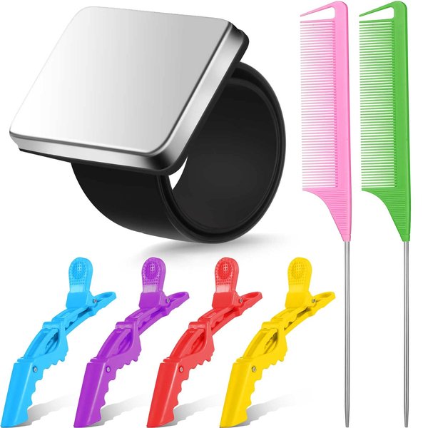 7 Pieces Hair Braiding Tools Magnetic Pin Wristband and 2 Pieces Stainless Steel Pintail Rat Tail Comb with 4 Pieces Wide Teeth Alligator Sectioning Hair Clip for Hair Braid Tool(Vivid Colors)