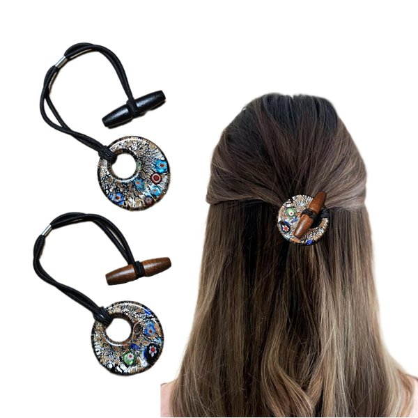 Nutty Natte 2 Pcs Handmade Coloured Glaze knotted Elastic Hair Tie for Dreadlock and thick hair Gold foil Patterned sliced glass extra long elastic rubber band Embedded Ponytail Holders (Silver Foil)