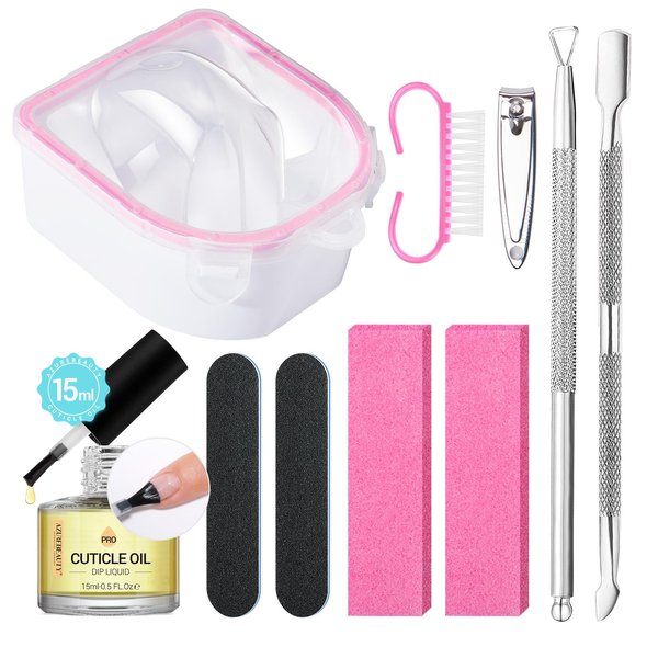 AZUREBEAUTY Nail Soaking Bowl, Soak Off Dip Powder Gel Polish Remover, Manicure Bowl for Hand with 15ml Cuticle Oil Cuticle Remover Tools, Nail Brush, Cuticle Pusher, Cuticle Peeler, Nail File Buffer