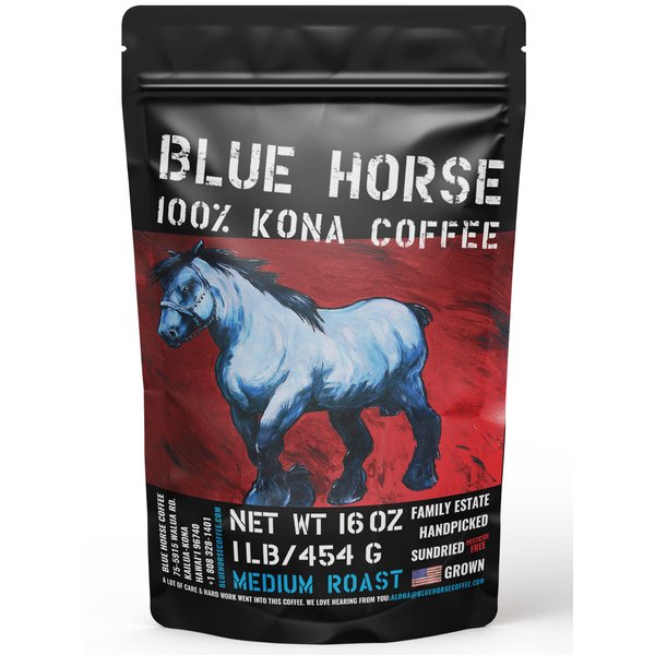 Farm-fresh: 100% Kona Coffee - Medium Roast - Arabica Whole Beans - 1 Lb or 16 oz Bag - Blue Horse 100% Kona Coffee from the Big Island of Hawaii