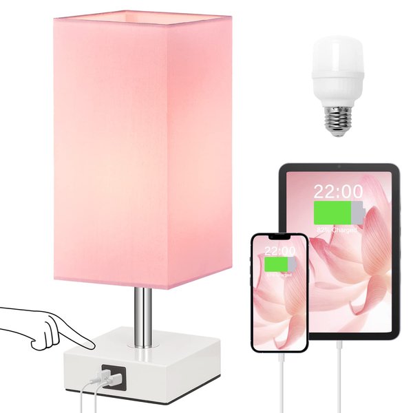 Ambimall Touch Control Table Lamp with 2 USB Charging Ports, 3 Way Touch Lamps Beside Desk, Nightstand Lamp for Bedrooms Living Room, Pink Shade with White Base, LED Bulb Included(Pink)