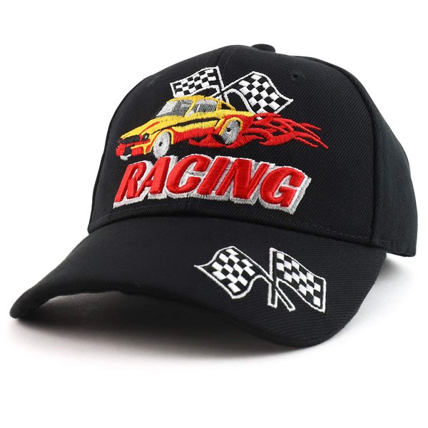 Trendy Apparel Shop Racing 3D Embroidered Flame Car Race Flag Baseball Cap - Black
