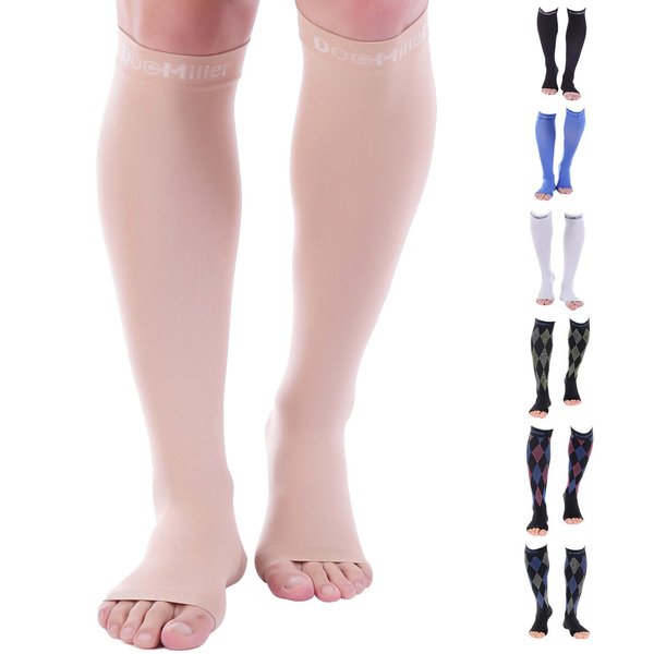 Doc Miller Open Toe Compression Socks, 30-40 mmHg, Toeless, Support Circulation, Shin Splints, Calf Recovery, Varicose, Knee High, Medical Grade, Skin/Nude Socks, Medium Size for Men & Women, Pair