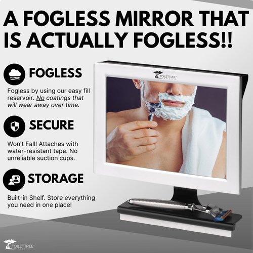 ToiletTree Products Fogless Shower Shaving Mirror with Squeegee - Anti-Fog, Rust-Proof, Impact-Resistant Bathroom Mirror Removable Adhesive Mount, Easy to Clean, Adjustable
