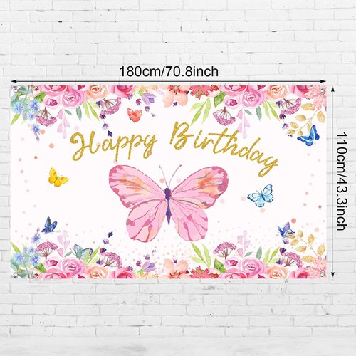 Butterfly Birthday Party Decorations Supplies Butterfly Backdrop for Girls Butterfly Birthday Backdrop Banner Watercolor Baby Banner Spring Themed Party Photography Background, 70.8 x 43.3 Inches