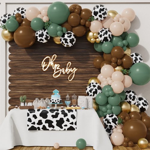 BALONAR 135Pcs Cow Boy Sage Green Balloons Arch Garland Kit with 18/10/5inch Blush Coffee Cow Print Farm Animal Gold Balloons for Boy Birthday Party Baby Shower Birthday Supplies (Sage Green)