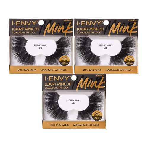 i-ENVY Luxury Mink Collection False Eyelashes 100% Real Mink Glamorous Eye Look Lashes Maximum Fluffiness 3D Multi-Curl Angle (3 Pack)