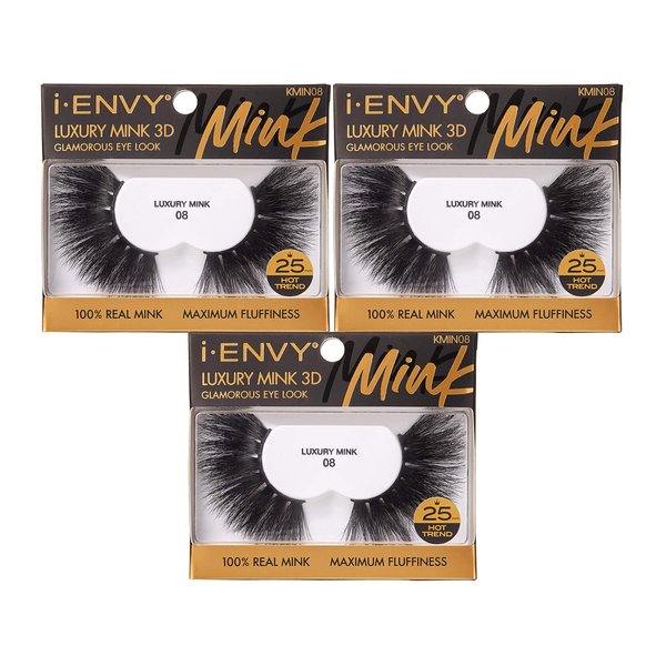 i-ENVY Luxury Mink Collection False Eyelashes 100% Real Mink Glamorous Eye Look Lashes Maximum Fluffiness 3D Multi-Curl Angle (3 Pack)