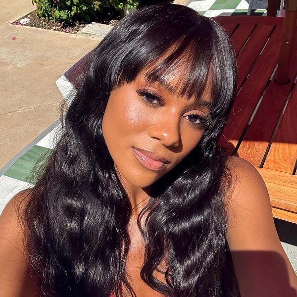Lady Hanne Human Hair Wigs Natural Wave Human Hair Wig with Bangs for Black Women 14 inches None Lace Front Wear and Go Glueless Human Hair Wig
