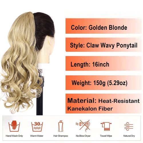 ELIO Ponytail Hair Extensions, 16Inches Long Wavy Ponytail Hairpieces Claws Ponytail Extension Drawstring Ponytail Synthetic Hair Extension Ponytail for Women Girls (Golden Blonde)