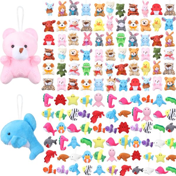 120 Pcs Mini Animal Plush Toys Party Favors Small Stuffed Animals Bulk Cute Jungle Sea Animal Toy Keychain Decoration for Birthday Party, Christmas, Classroom Prize, Teacher Student Award, Gift