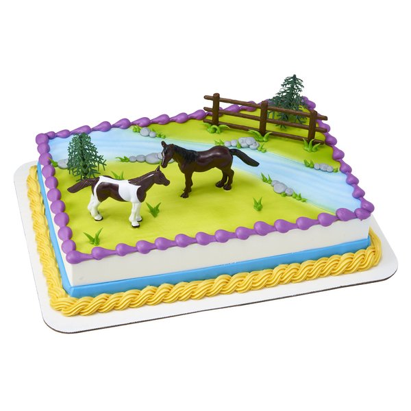 DecoSet® Horses Cake Topper, 5-Piece Topper Set Cake Decoration with 2 Horses, Fence, and Trees, Ready to Use For Equine-Themed Birthday, Celebration, Food Safe
