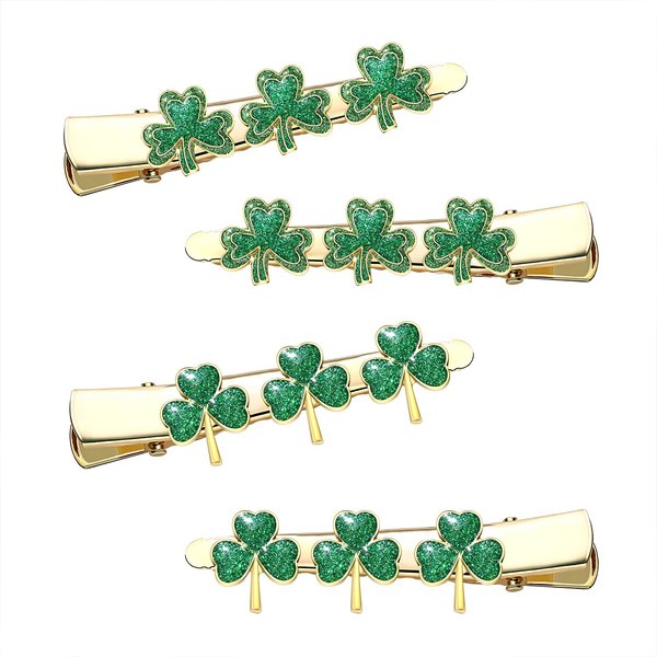 St.Patrick’s Day Hair Clips Crystal Glitter Shamrock Hairpins Green Lucky Leaf Embellished Gold Alligator Hair Clips for Party Gift (2 Pairs Lucky Clover Clips)