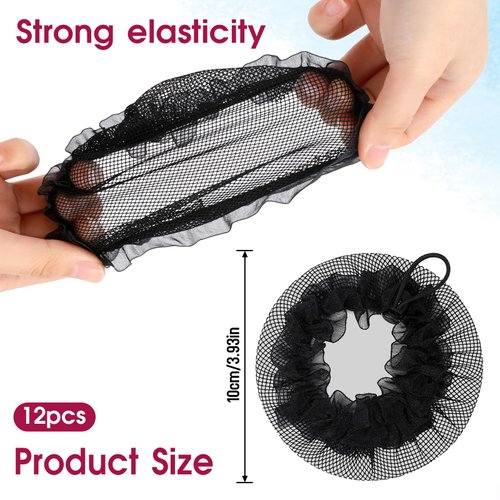 Hair Nets for Buns, 12Pcs Hair Bun Net Thicken Black Bun Nets for Ballet Girls Elastic Mesh Invisible Hair Bun Cover Hair Styling Tools for Food Service, Sleeping, Wig, Women Ballet Performance