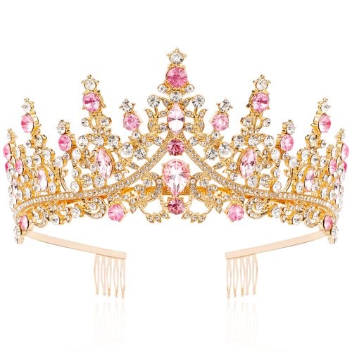 TOBATOBA Gold Pink Crown, Wedding Tiaras and Crowns for Women, Coronas Para Ramos Buchones De Flores, Queen Crown Royal Princess Tiara Headpieces for Birthday Prom Pageant Halloween Cosplay
