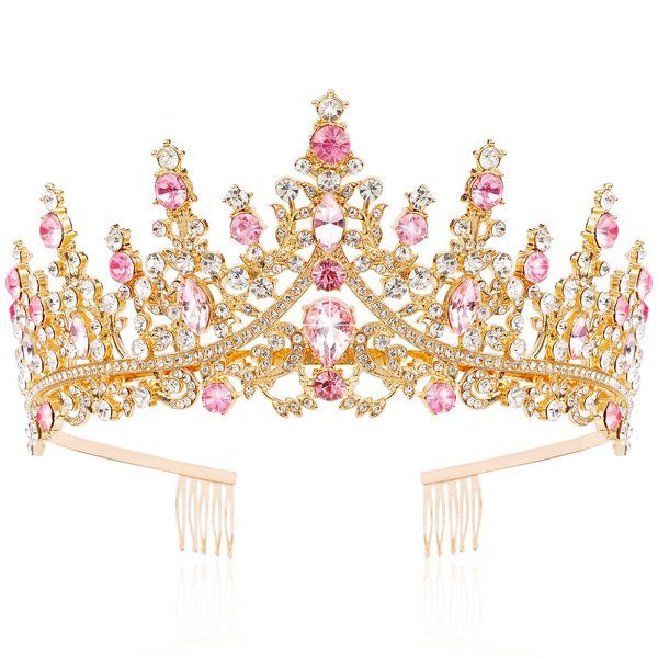 TOBATOBA Gold Pink Crown, Wedding Tiaras and Crowns for Women, Coronas Para Ramos Buchones De Flores, Queen Crown Royal Princess Tiara Headpieces for Birthday Prom Pageant Halloween Cosplay