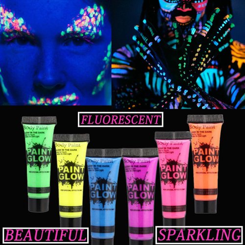 6 Pcs Glow in the Dark Body and Face Paint,Blacklight Neon Body Paints,Washable Quicker Dry Fluorescent Face & Body Makeup for Party Supplies