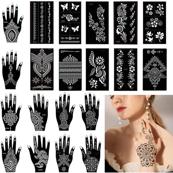 20 Sheets Henna Tattoo Stencils Kit, Temporary Tattoo Templates Indian Arabian Tattoo Stickers for Women and Girls Glitter Henna Stencil for DIY Face Body Paint