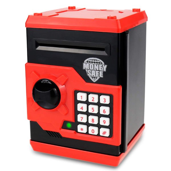 Qwifyu Piggy Bank for Boys Girls, Kids Safe Money Bank for 4 5 6 7 8 9 10 Year Old Girl Boy Birthday Gift,Electronic Password Money Saving Box ATM Safe Bank Toys for Kids (Black Red)