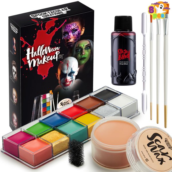 Spooktacular Creations 8 PCS Halloween Makeup Kit SFX Face Body Paint Set with Wound Scar Wax,12 Colors Face Paint Palette,Fake Blood,Spatula,Brushes for Halloween Costume,Zombie Makeup Dress Up