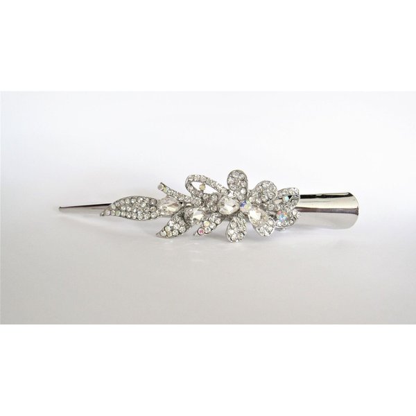 Silver alligator flower and leaf hair claw clip with clear and ab crystals