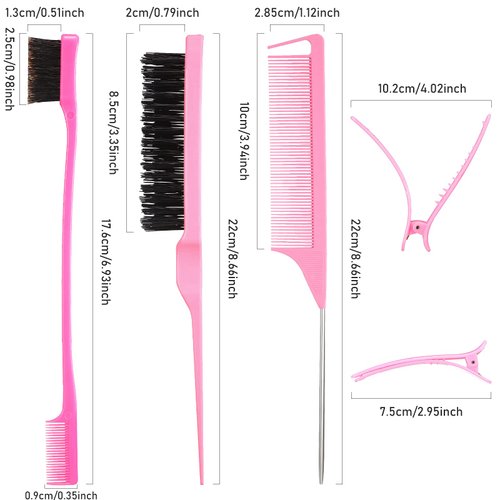 Remerry 12 Pieces Hair Brush Set, Nylon Teasing Hair Brushes 3 Row Salon Teasing Brush, Double Sided Hair Edge Brush Smooth Comb Grooming, Rat Tail Combs with Duckbill Clips for Women(Pink)
