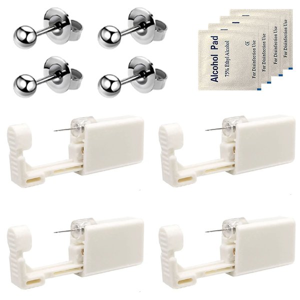 4 Pack Self Ear Piercing Gun, Disposable Self Ear Piercing Gun Kit with Earring Studs Safety Ear Piercing Gun Kit Tool (LightGrey)