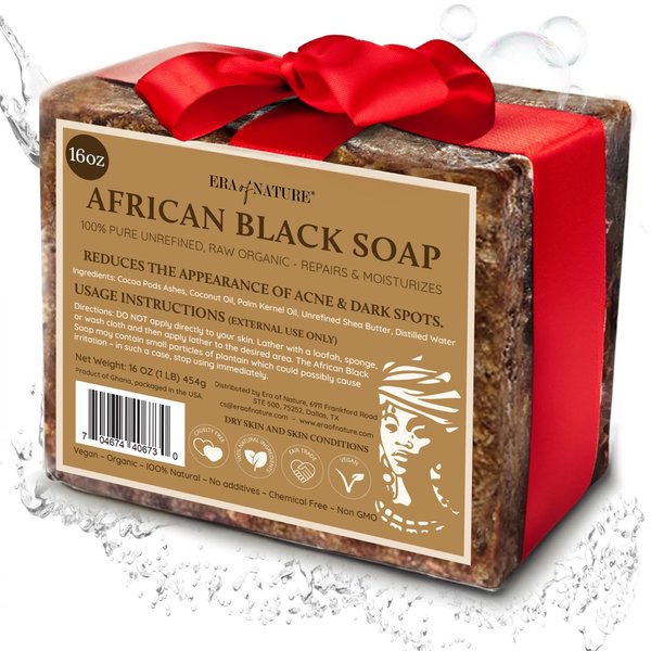 era of nature Best Raw ORGANIC AFRICAN BLACK SOAP, for Dry Skin and Skin Conditions. Pure & Natural Ingredients, Imported From Ghana - 1lb (16oz)