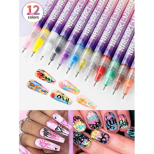 Gorvalin Fine Tips 3D Nail Art Pens, 12 Colors 0.5MM Nail Polish Pens Nail Point Graffiti Dotting Pen Drawing Painting Liner Brush for Home Salon Quickly DIY Nail Art