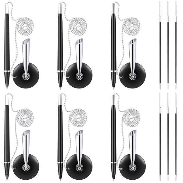 Marspark 6 Pieces Secure Pen Set with Bead Chain and Pen Holder,and 6 Pieces Blank Ink Refills, Reception Counter Pen with 26 Inch Pen Chain for Bank, Office, Hotel Lobbies, Retail Stores, Black Ink