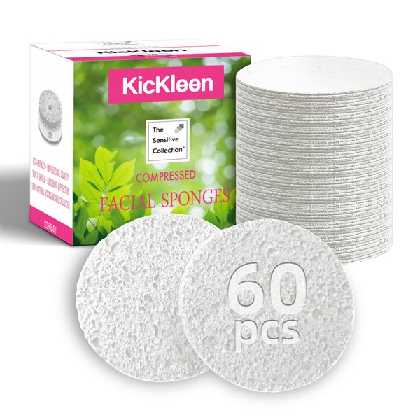 60-Count Compressed Facial Sponges|100% Natural Kickleen Cellulose Cosmetic Spa Sponges for Daily Facial Cleansing|Makeup And Mask Removal | Exfoliating | Skin Massage | Pore Exfoliation(White)