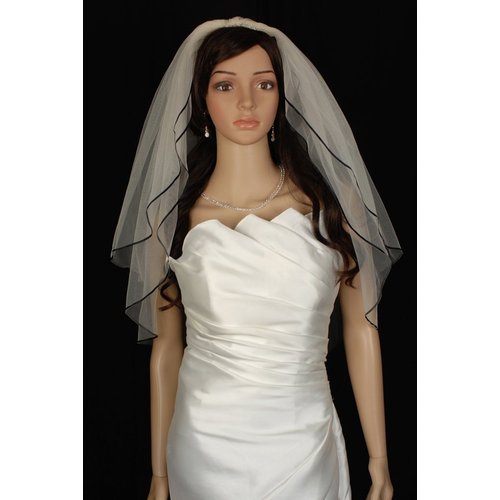 Bridal Veil Diamond (Off) White 2 Tiers Elbow Length Black Satin Ribbon Edge