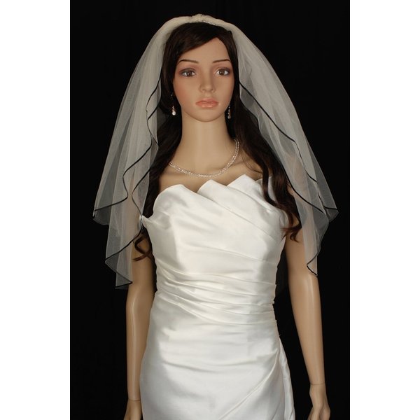 Bridal Veil Diamond (Off) White 2 Tiers Elbow Length Black Satin Ribbon Edge