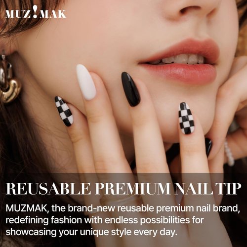 MUZMAK Reusable NJeans Press on Nails | 36 Fake Nails Kit with Checkered Nails Almond Designs | Glue On Nails for Women Gift with K-POP Style