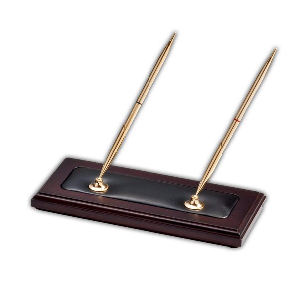 Dacasso Walnut & Leather Double Holder Luxury Stand with Rolling Ball Elegant Pen Organizer & Executive Desk Decor-(3 Piece Set)