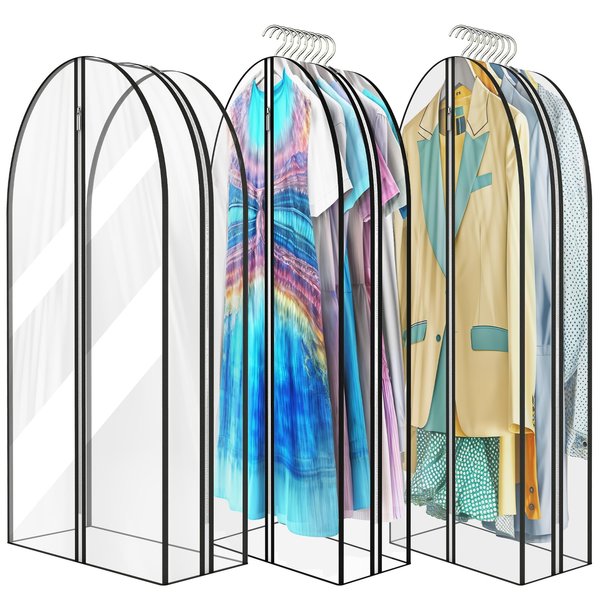 Walkpet 12" Gusseted All Clear Garment Bags for Hanging Clothes 60" Suit Bags for Storage of Coats, Dresses, and Shirts for Closet Storage Clothing Cover, 3 Packs