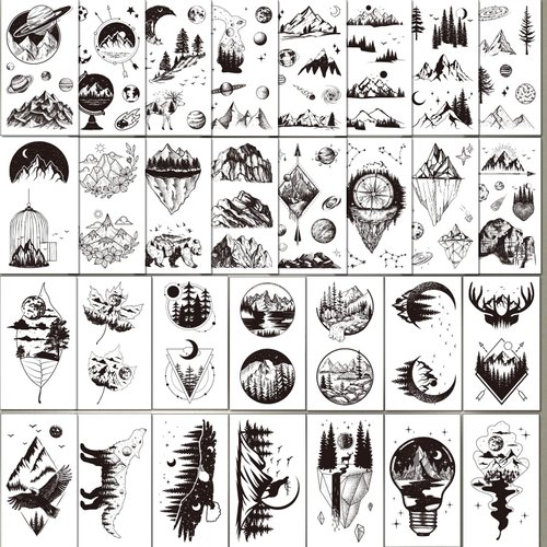Ooopsiun 30 Sheets Small Black Mountain Planet Temporary Tattoos for Men Women - Unique Realistic Waterproof Forest Triangle Designs Body Art Tattoos for Adults