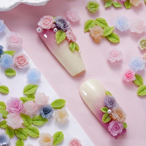 100pcs 3D Camellias Rose Flower Nail Art Charms with Nail Pearls Cute Leaves Flower Nail Charms for Acrylic Nails Colorful Nail Flowers for Nails Charms Floral Nail Charm Resin Charms for Nails Design