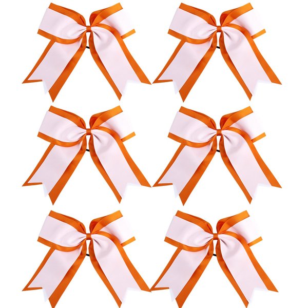 8 Inch 2 Colors 2 Layers 6 Pcs Jumbo Cheerleader Bows Ponytail Holder Cheerleading Bows Hair Elastic Hair Tie for High School College Cheerleading (Orange/White)