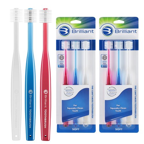Brilliant Oral Care Adult Toothbrush with Soft Bristles, Round Head, and All-Around Clean for Teeth and Gums, Assorted Colors, 6 Pack