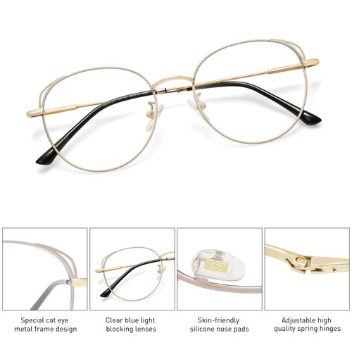 SOJOS Cat Eye Blue Light Blocking Glasses for Woman Hipster Metal Frame Womens Eyeglasses She Young SJ5027, Beige Frame/Anti-Blue Light Lens