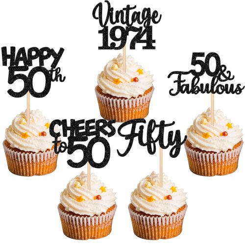 30PCS Happy 50th Birthday Cupcake Toppers Glitter Fifty Vintage 1974 Cupcake Picks Cheers to 50 Fabulous Cake Decorations for 50th Birthday Wedding Anniversary Party Supplies Black