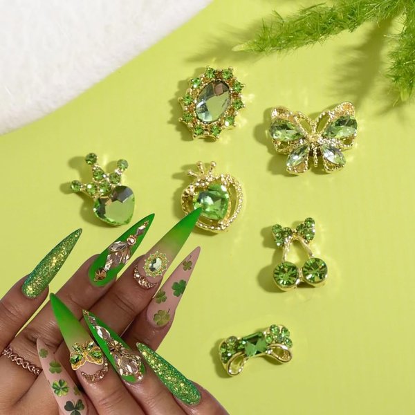 30Pcs Green Nail Rhinestones Nail Charms 3D Alloy Butterfly Cherry Crown Bow Nail Art Charm with Green Gems Crystal Shiny Nail Jewelry St Patrick’s Day Summer Women Nail Decorations