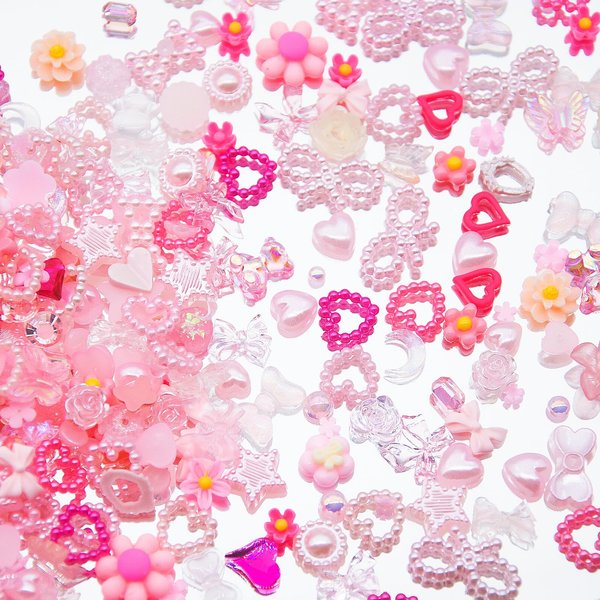 500Pcs Assorted Pink 3D Nail Charms Flower Butterfly Bowknot Rose 3D Nail Charms Mix Pink Heart Star Bowknots Hollow Pearls Nail Charms for Nail Manicure DIY Crafts Jewelry Accessories